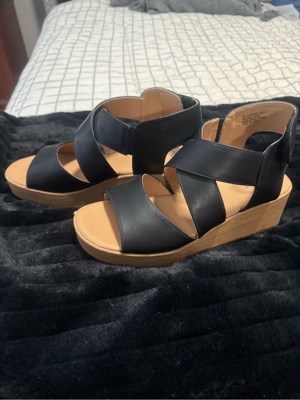 b.o.c. Black Strappy Wedge Sandals with Tan Platform